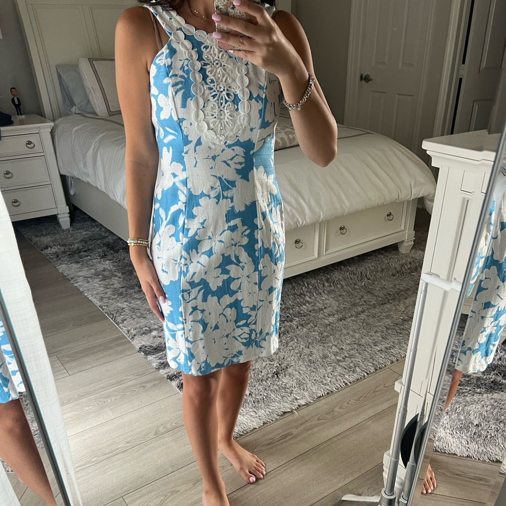 Taylor Blue and White Halter Sundress for Wedding Guests